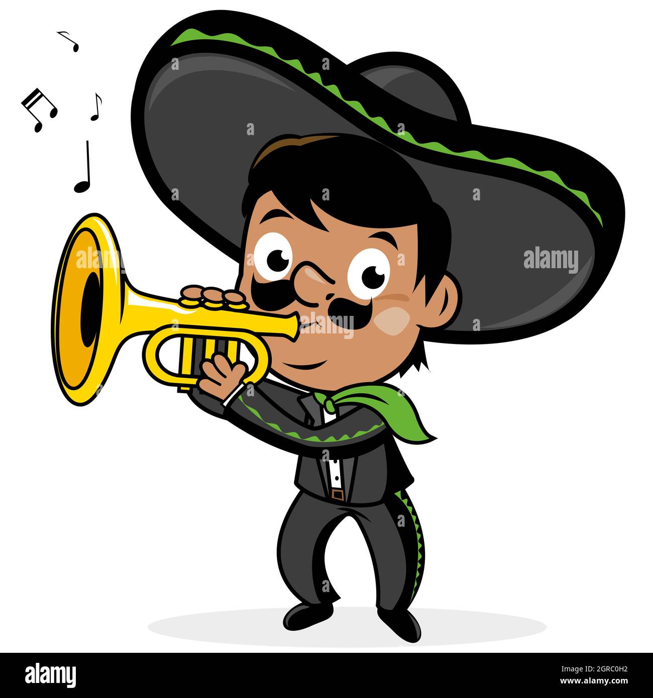 Dessin animé mariachi mexicain homme musicien avec un chapeau sombrero et costume, jouant de la trompette. Fête du Cinco de Mayo avec musique. Banque D'Images