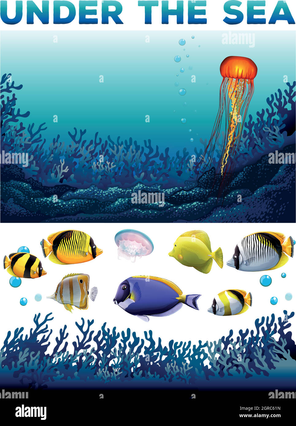 Scène sous-marine avec poissons et algues Illustration de Vecteur