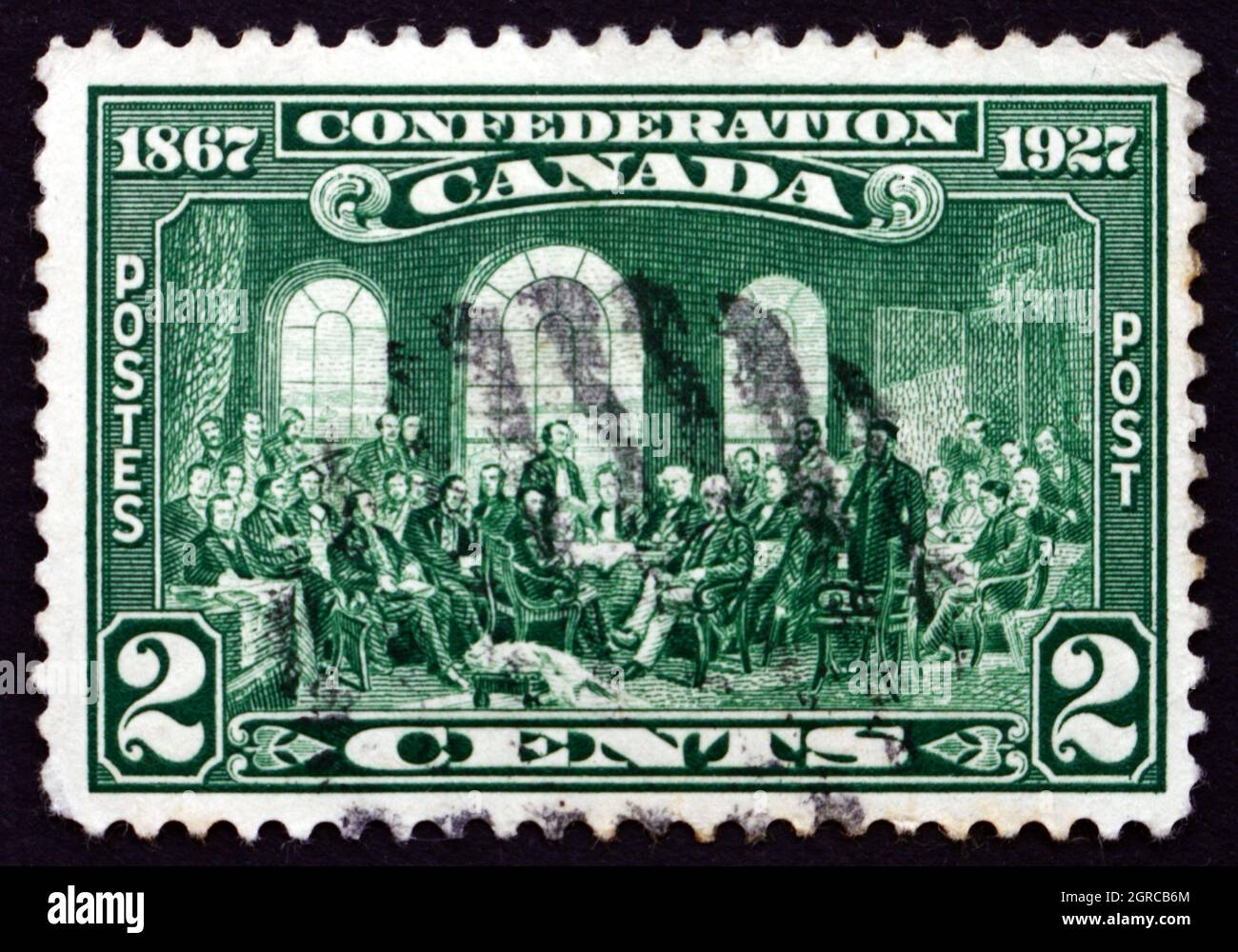 CANADA - VERS 1927 : un timbre imprimé au Canada montre les Pères de la Confédération, 60e année de la Confédération canadienne, vers 1927 Banque D'Images