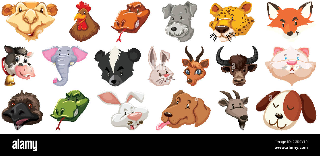 Ensemble de différents animaux de dessin animé mignon tête énorme isolé sur fond blanc Illustration de Vecteur
