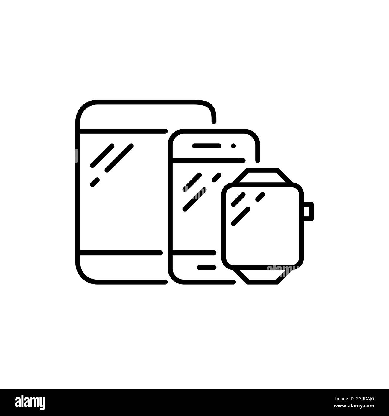 Périphériques intelligents. Tablette, smartphone, montre. Icône de test et de marketing inter-appareils. Pixel parfait, contour modifiable. Illustration de Vecteur