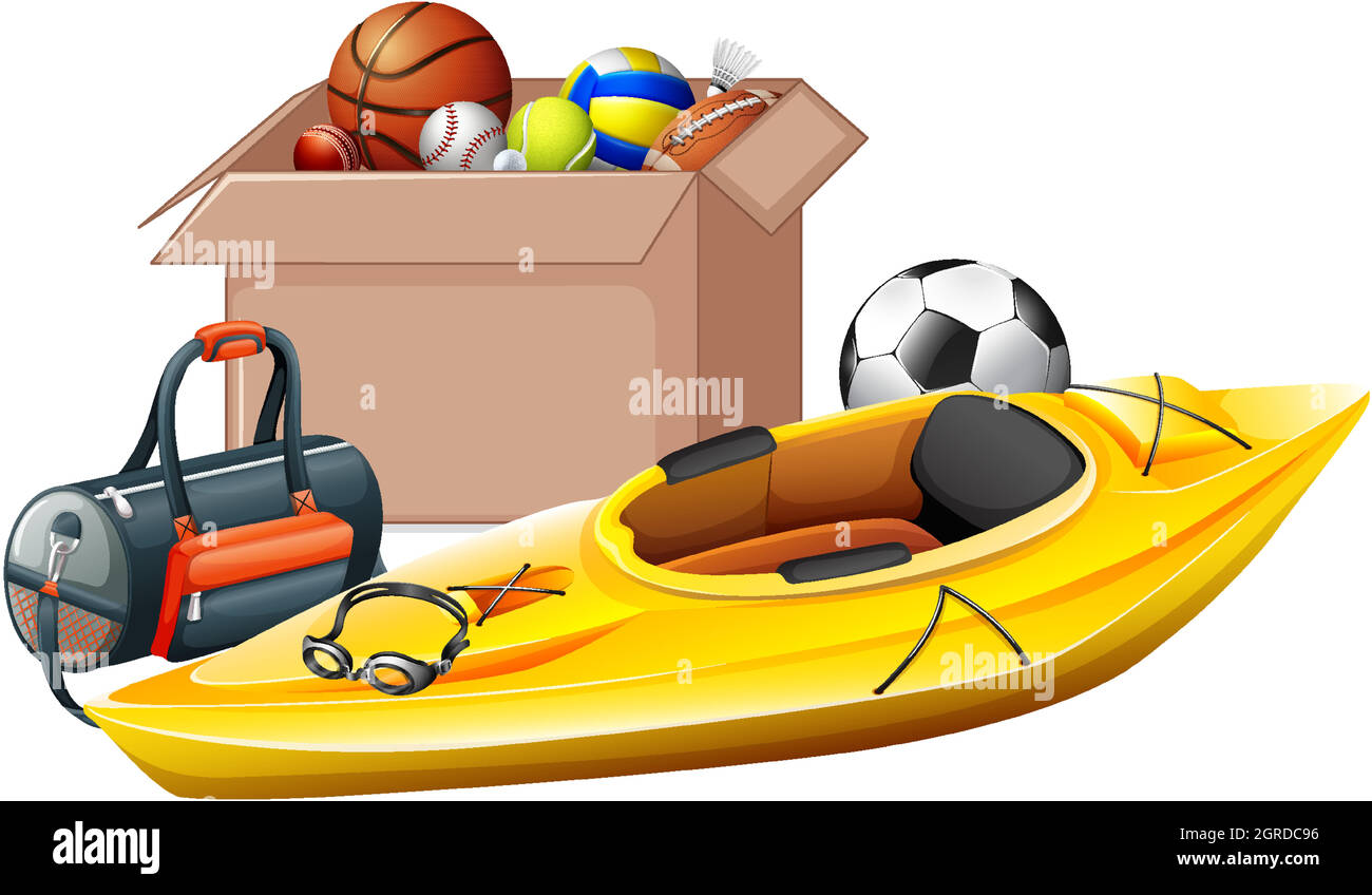 Boîte en carton pleine d'équipements de sport sur fond blanc Illustration de Vecteur