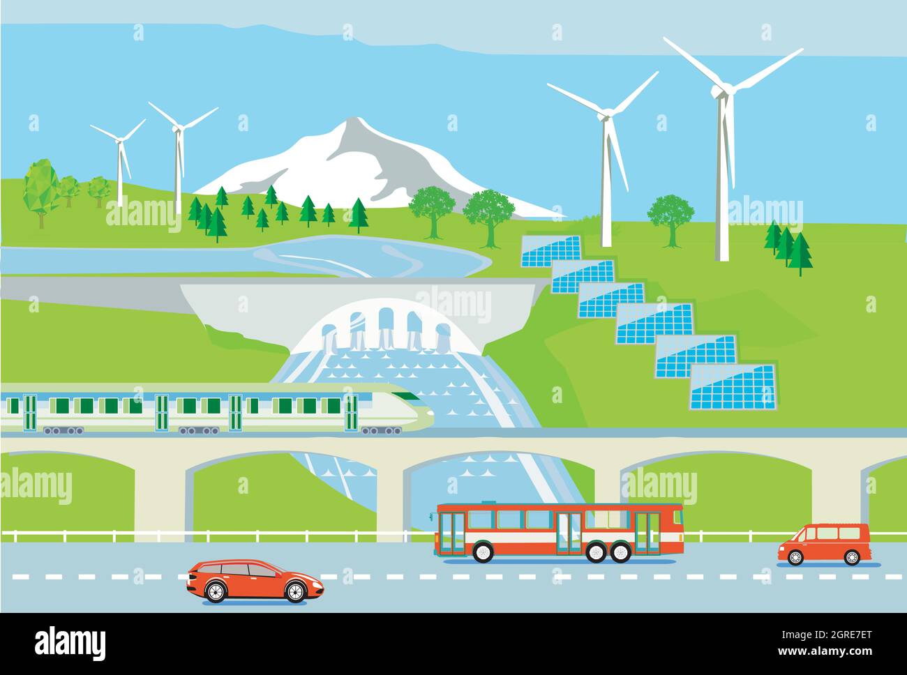 Éoliennes, hydroélectricité et énergie solaire, avec véhicules électriques et train de voyageurs, illustration Illustration de Vecteur