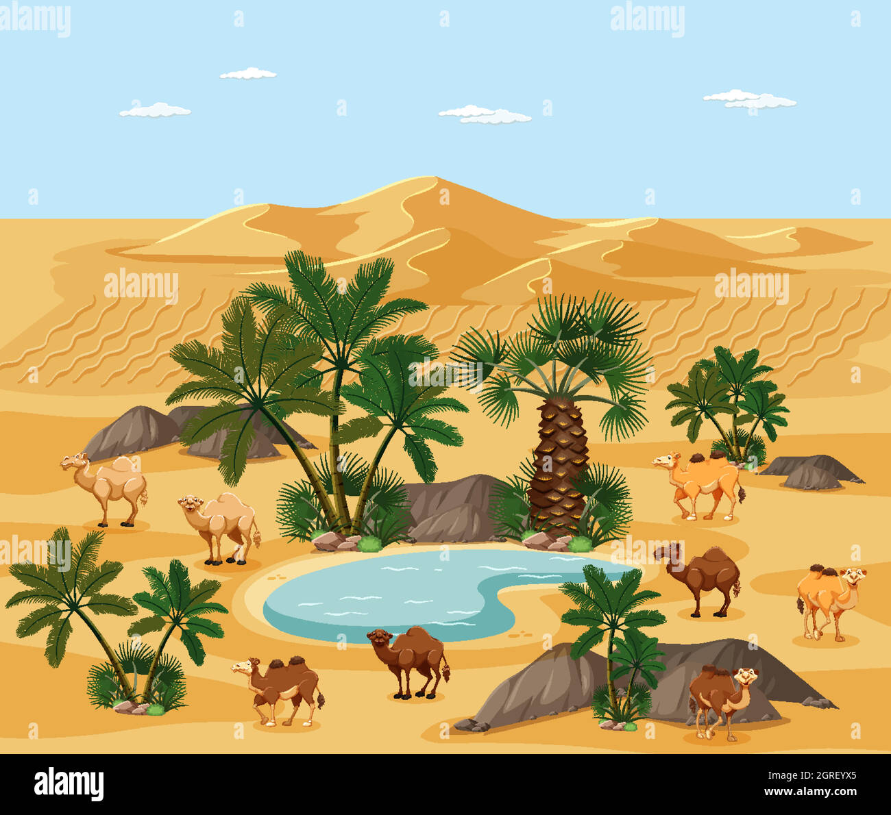 Oasis du désert avec palmiers paysage de la nature Illustration de Vecteur