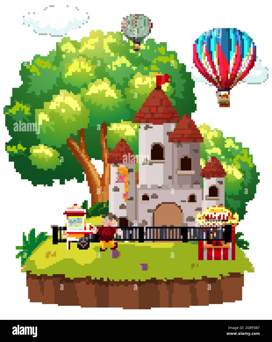 Scène avec de grandes tours de château et des ballons dans le parc Illustration de Vecteur