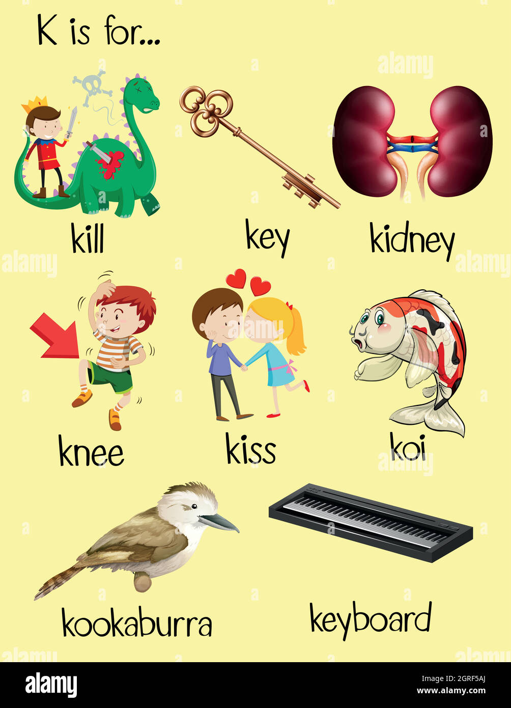 Beaucoup de mots commencent par la lettre K. Illustration de Vecteur