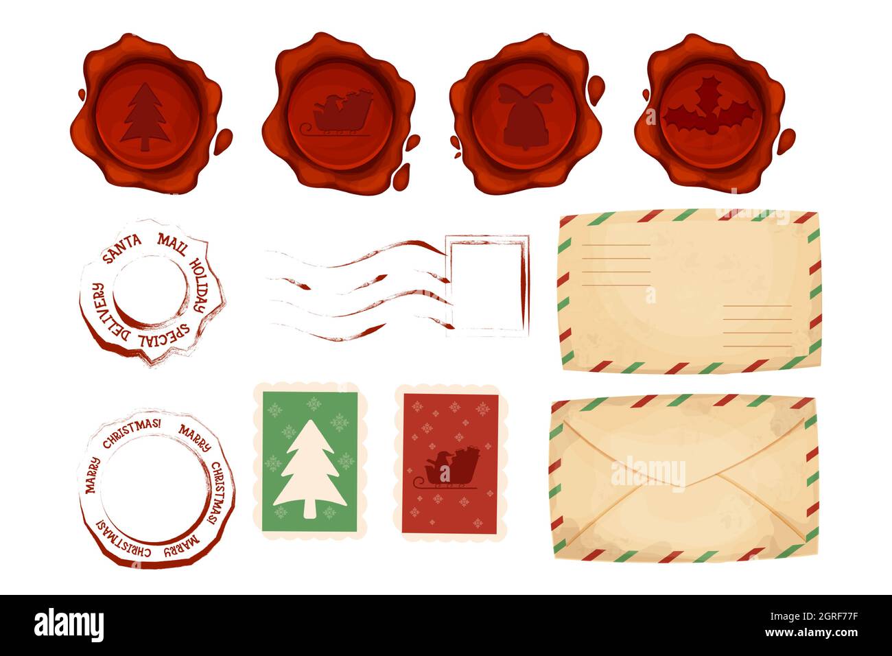 Lettre de Noël timbres et cachet de poste ensemble avec enveloppe, joint de cire de style dessin animé isolé sur fond blanc. Décorations en cire rouge grunge, rétro, vin Illustration de Vecteur