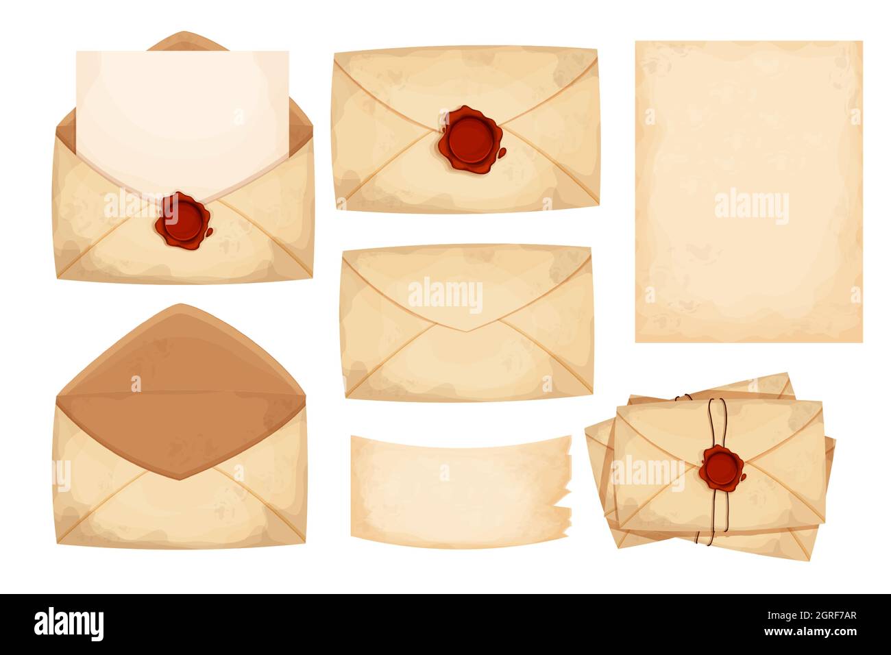 Placez une enveloppe vintage, des lettres, du papier avec joint de cire  rouge dans le style de dessin animé isolé sur fond blanc. Vieux papier de  gringe, texturé. Courrier ancien, corresp Image