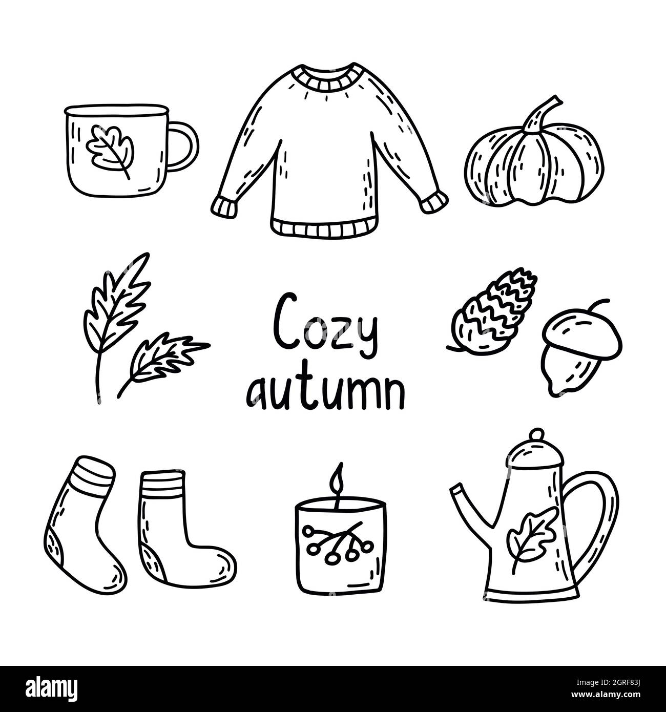 Un automne agréable. Ensemble de choses d'automne. Tasse de thé ou de café, cornes et pinèdes, feuilles, bougie et chandail, théière et chaussettes chaudes, citrouille. Doodle noir a Illustration de Vecteur