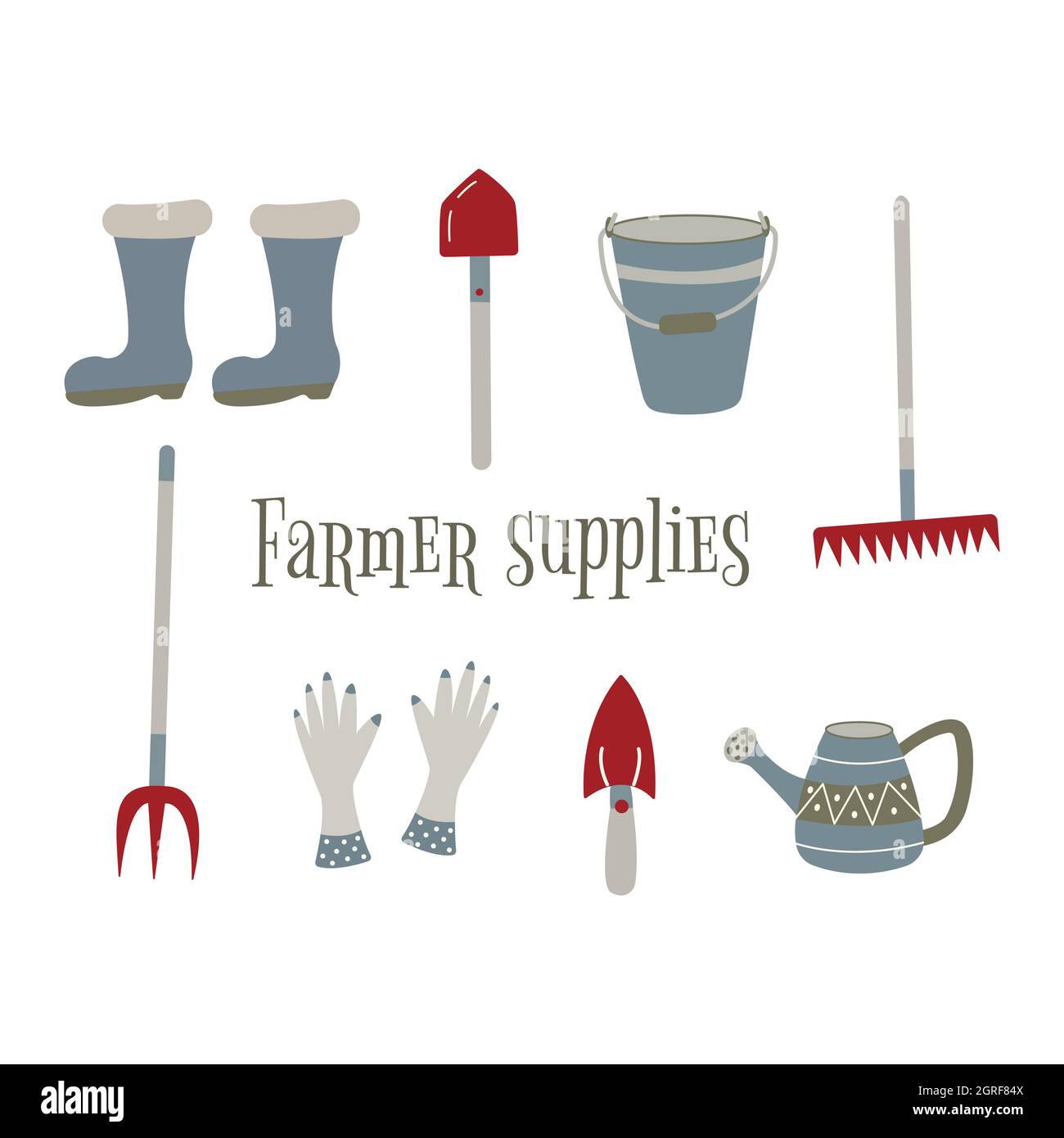 Ensemble de fournitures agricoles. Illustration vectorielle isolée colorée dessinée à la main. Saison de récolte. Bottes en caoutchouc, pelle et râteau, seau et fourche, gants et W Illustration de Vecteur