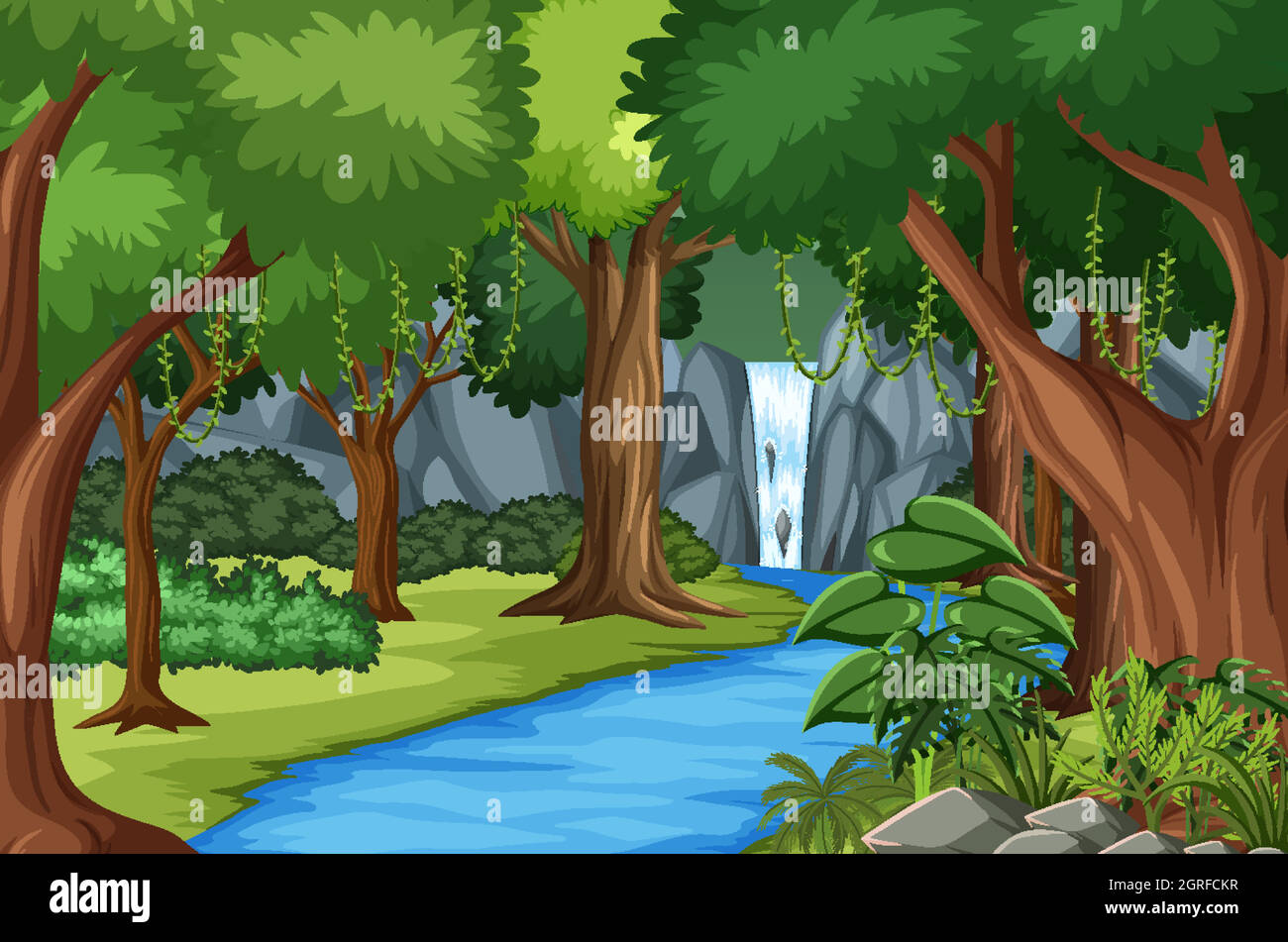 Scène de forêt avec rivière et beaucoup d'arbres Illustration de Vecteur