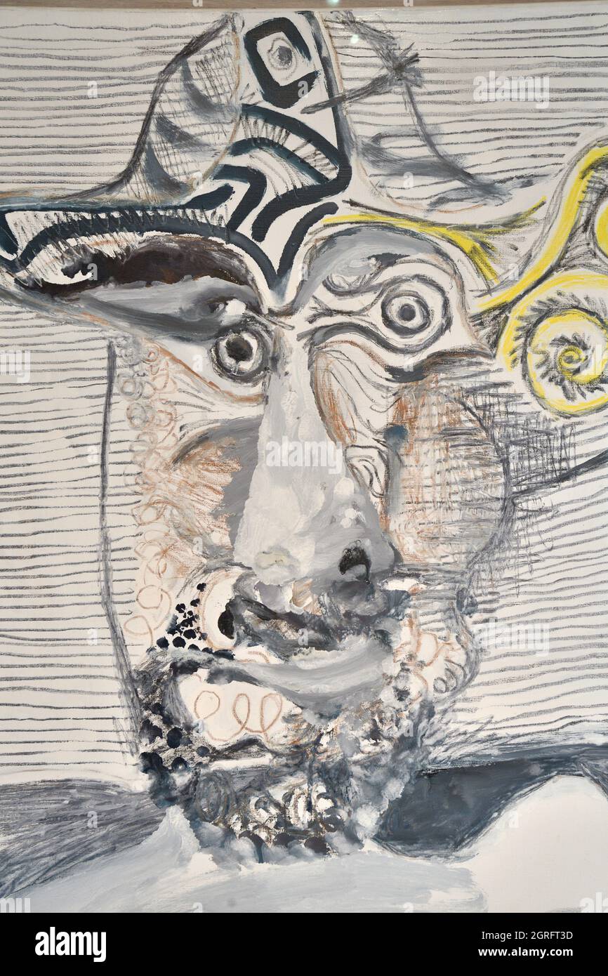 France, Alpes Maritimes, Antibes, vieille ville, Musée Picasso, Exposition permanente d'œuvres de Pablo Picasso, peinture d'un buste d'homme avec un chapeau Banque D'Images
