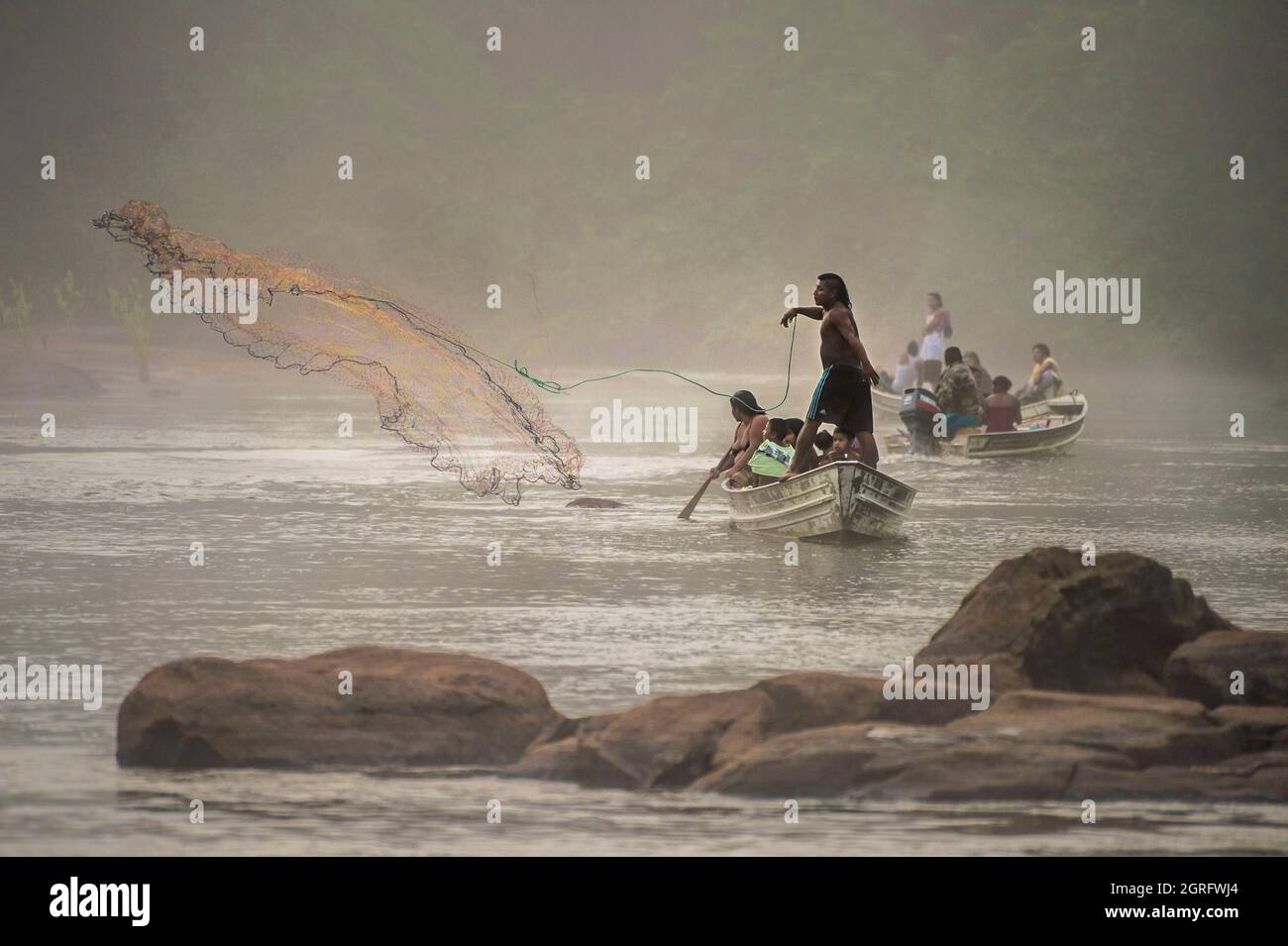 France, Guyane française, Parc Amazonien de Guyane, Camopi, dans les premières heures de la journée une famille amérindienne Teko jette son faucon lors d'une nivrée sur l'Oyapock, pêche traditionnelle pratiquée en saison sèche à l'aide d'un liana (hali hali) qui, une fois écrasé et submergé, diffrotenone, très toxique, poisson asphyxiant, la molécule active ne pénètre pas dans les muscles poissons, qui peuvent être mangés sans danger Banque D'Images