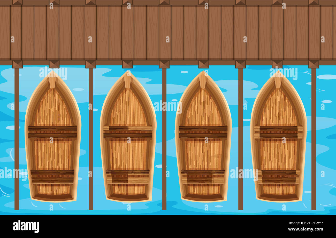 Stationnement de quatre bateaux sur la jetée Illustration de Vecteur