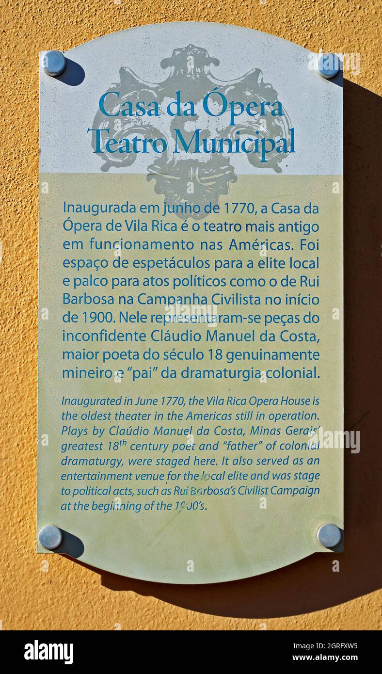 OURO PRETO, MINAS GERAIS, BRÉSIL - 10 JANVIER 2018 : plaque indicative pour les lieux touristiques Banque D'Images