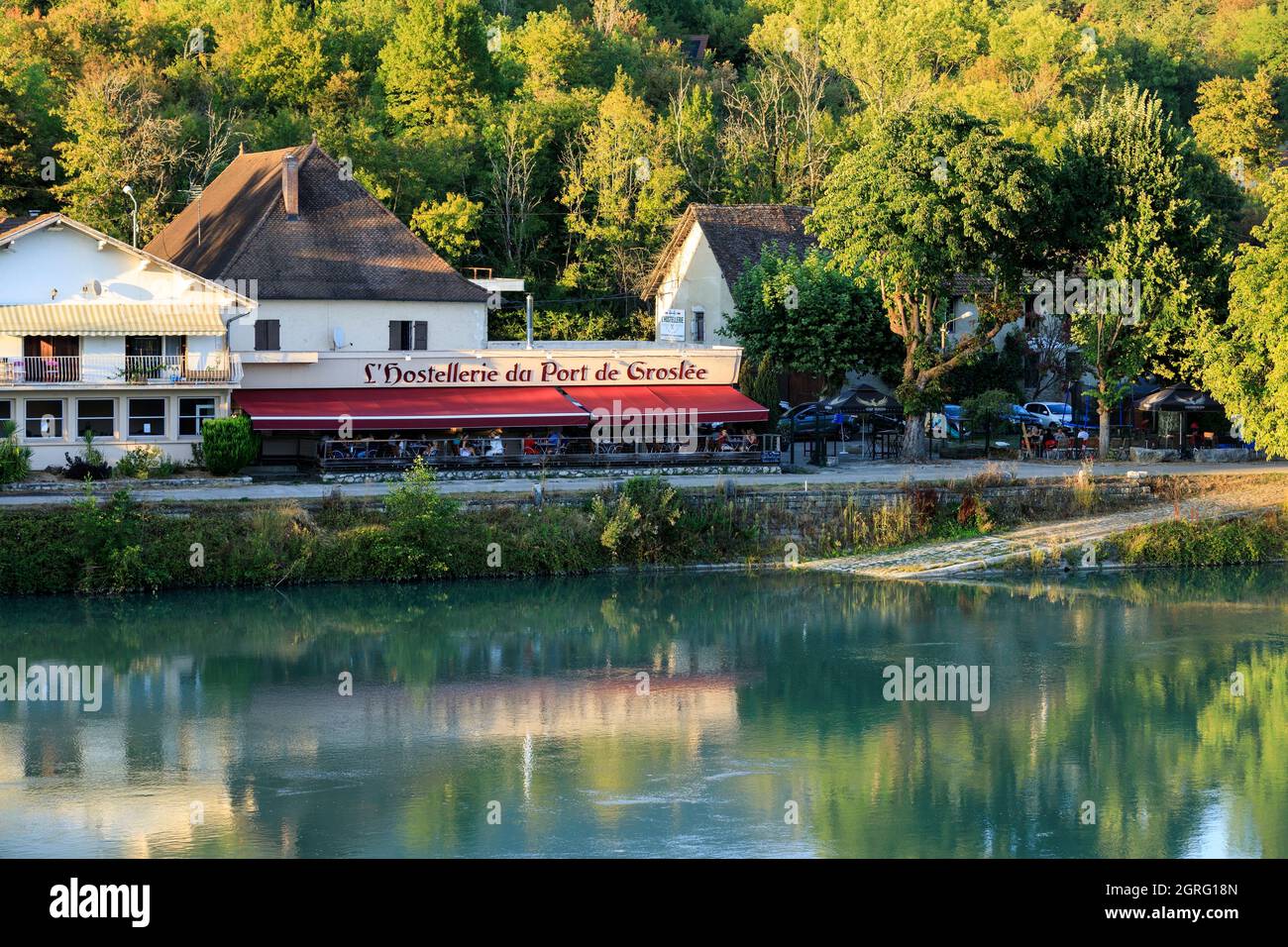 France, Ain, Groslee, le Rhône, restaurant Banque D'Images