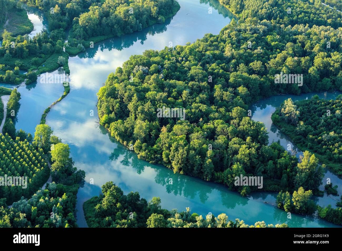 France, Isère les Avenieres et Ain Bregnier cordon, vieux Rhône, ile et bras de Noyes (vue aérienne) Banque D'Images