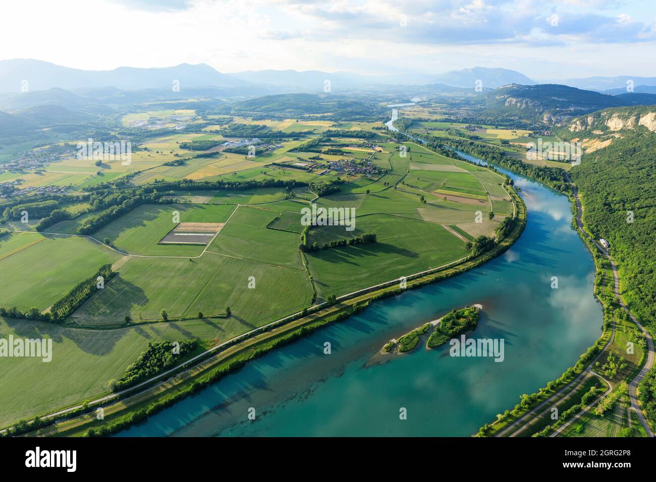 France, Ain, Peyrieu et Savoie, la Balme, Rhône (vue aérienne) Banque D'Images