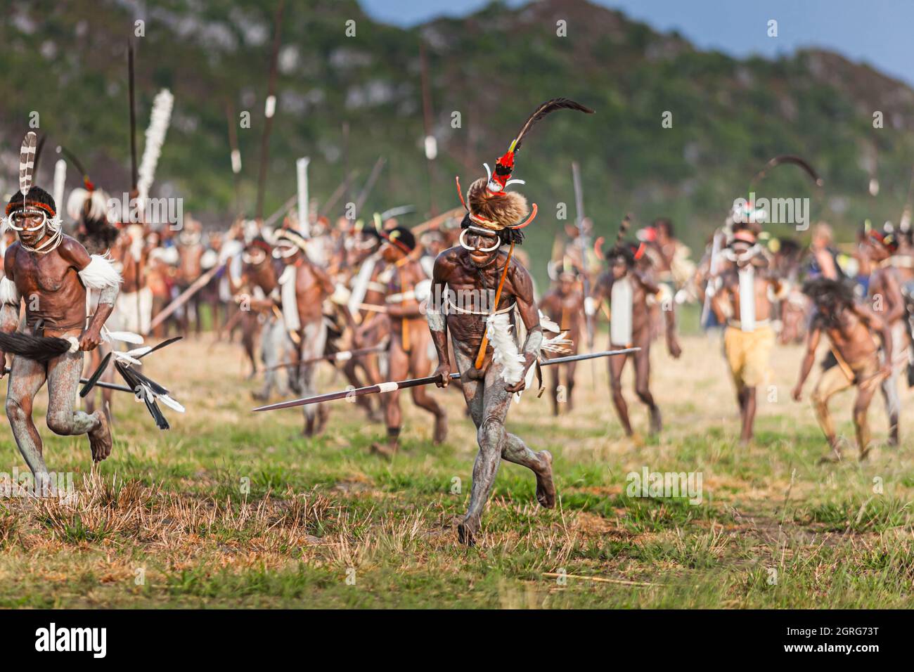 Indonésie, Papouasie, ville de Wamena, membres armés de la tribu Dani réadoptant une scène de guerre tribale. Festival culturel de Baliem Valley, chaque année en août, les tribus se réunissent pour effectuer des scènes de guerre ancestrales, des défilés et de la danse dans des vêtements traditionnels Banque D'Images
