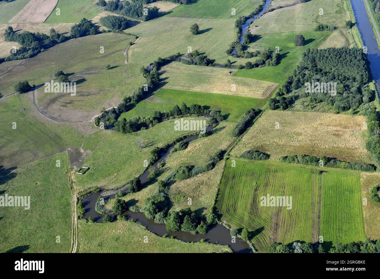 France, territoire de Belfort, Bourbeuse, vallée sujette aux inondations, été, méandres, prairies Banque D'Images