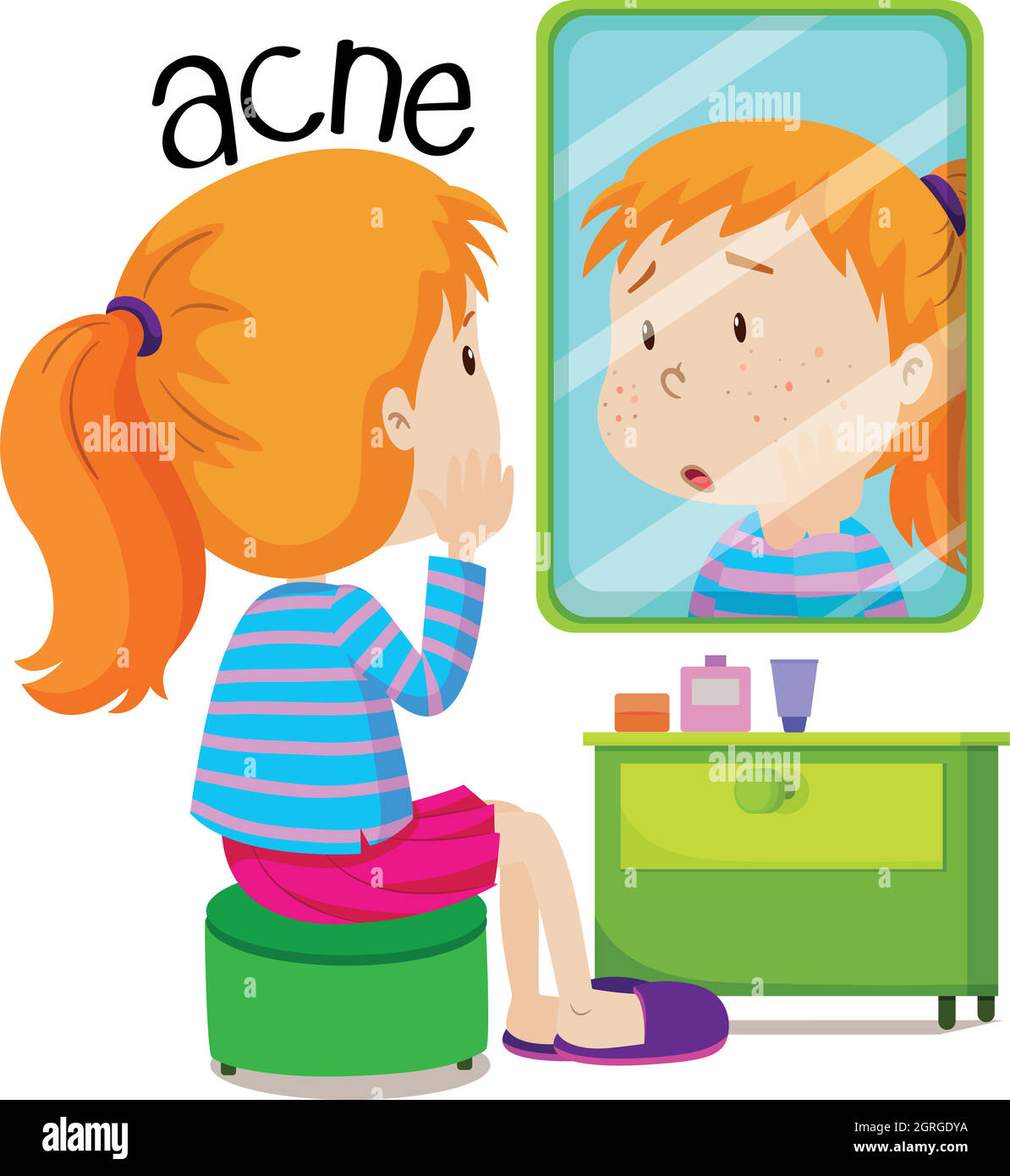Fille regardant des acnes dans le miroir Illustration de Vecteur