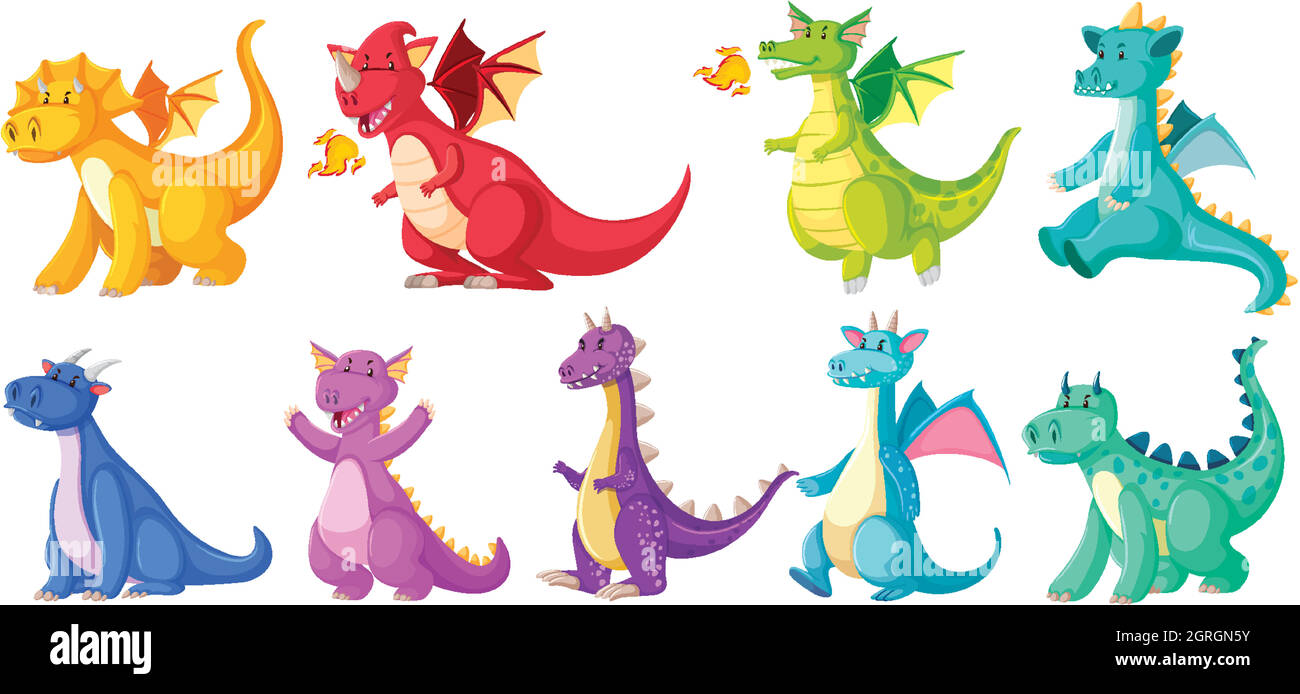 Différentes couleurs de dragon en style de dessin animé sur fond blanc Illustration de Vecteur