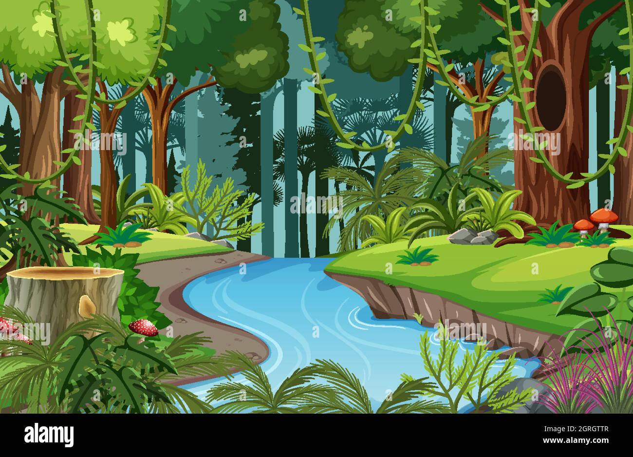 Scène de forêt avec rivière et beaucoup d'arbres Illustration de Vecteur