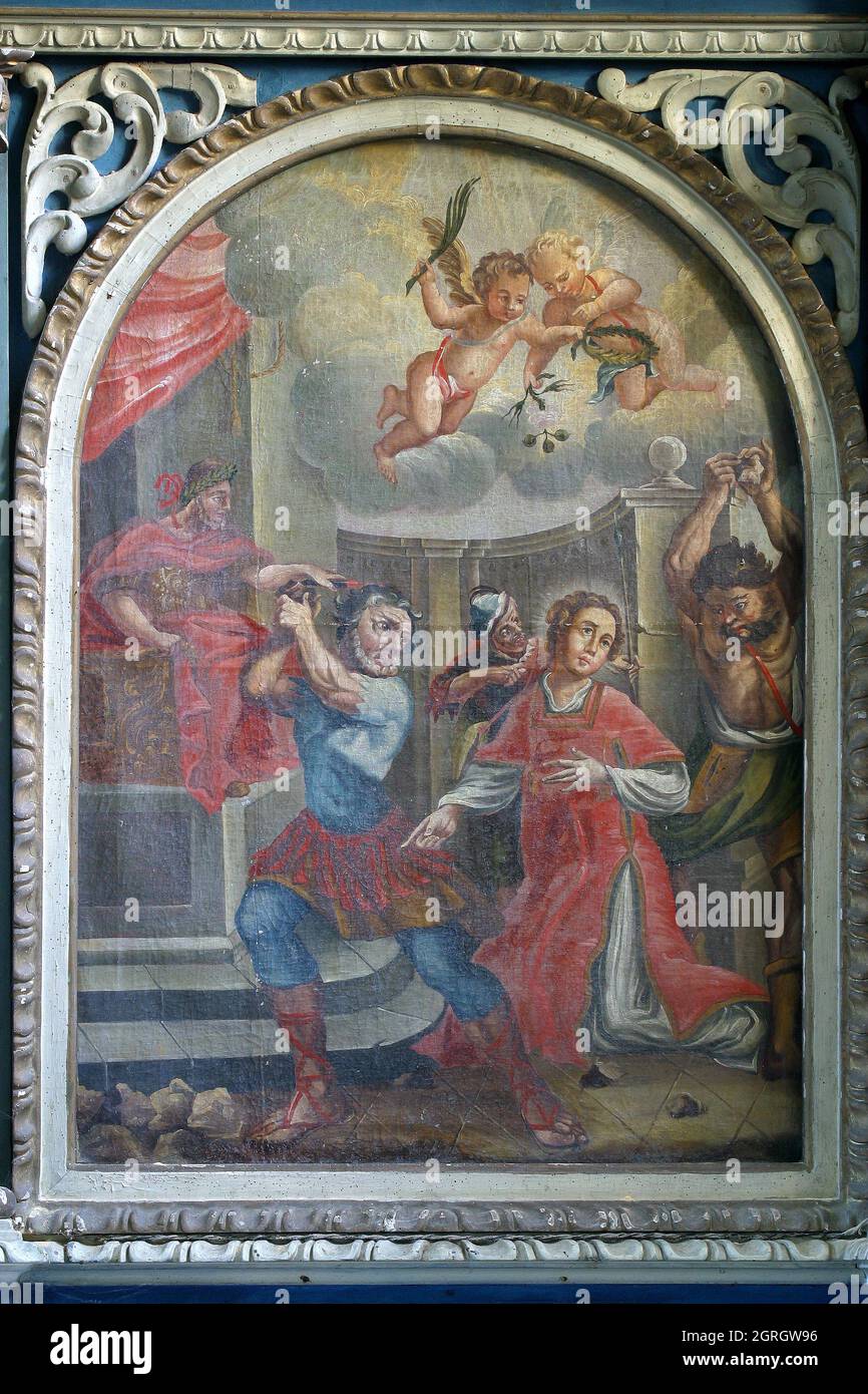 Lapidation de Saint-Étienne, peinture d'autel sur l'autel de Saint-Étienne dans l'église notre-Dame des neiges à Volavje, Croatie Banque D'Images