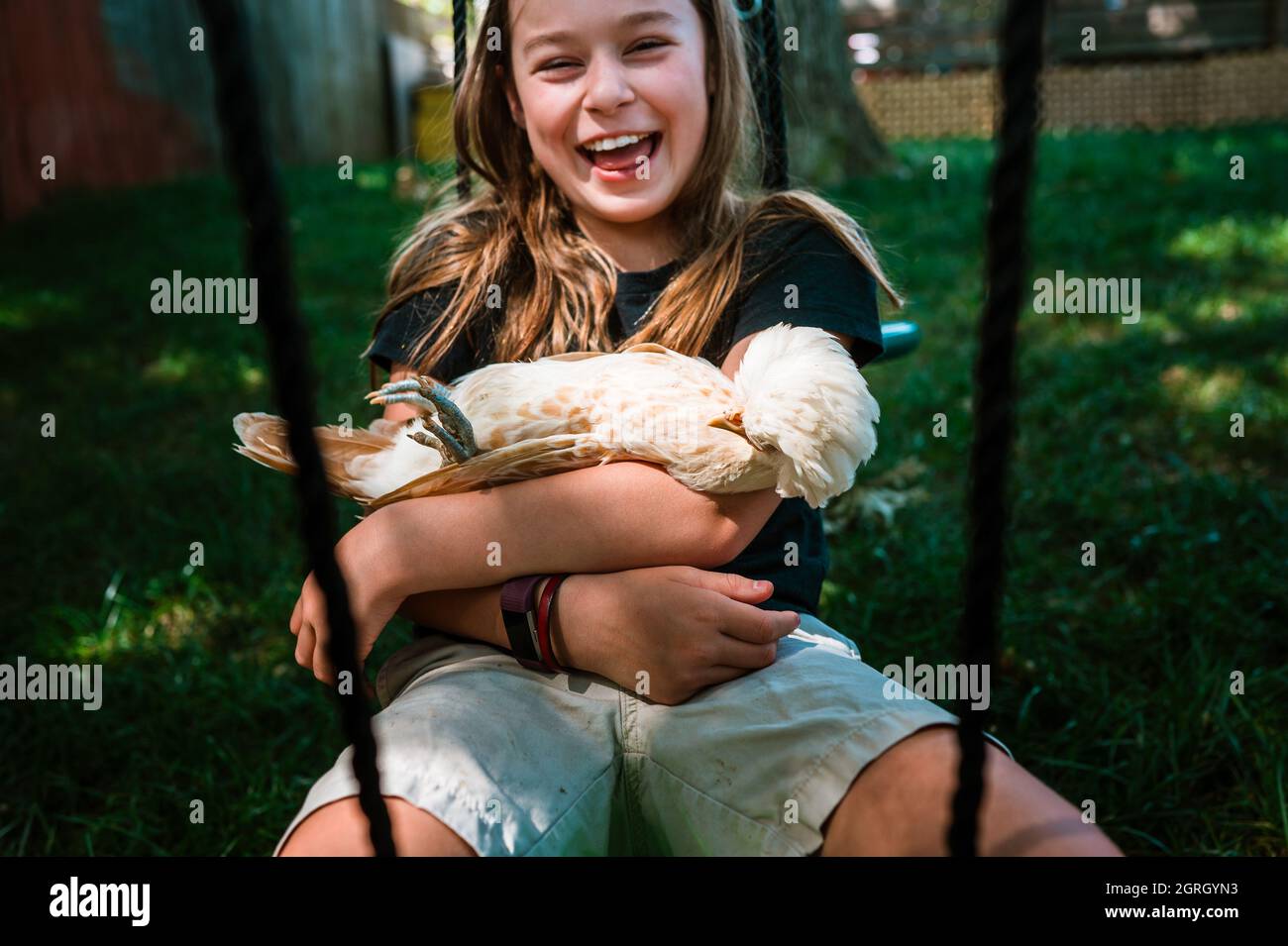 Jeune fille riant en balançant avec son poulet d'animal de compagnie Banque D'Images