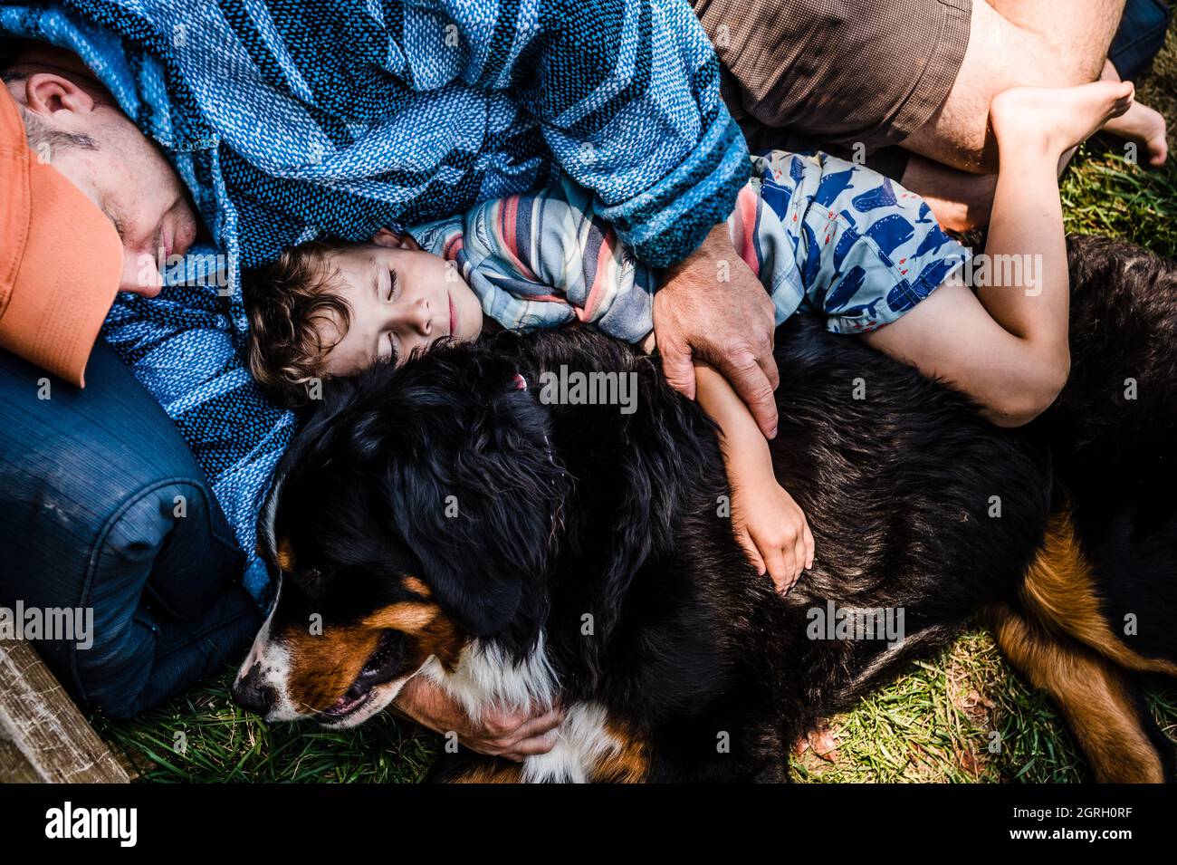 Moment tendre avec le père et le fils qui se nouent avec le chien de famille Banque D'Images
