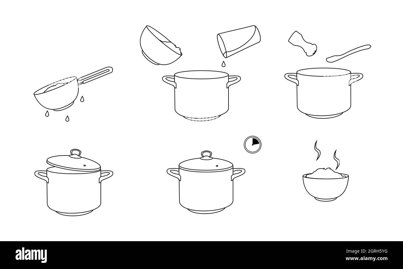 Comment faire cuire le riz avec peu d'ingrédients recette facile. Le processus d'instruction de riz pour le petit déjeuner. Bol chaud avec une cuisine savoureuse. Illustration de Vecteur