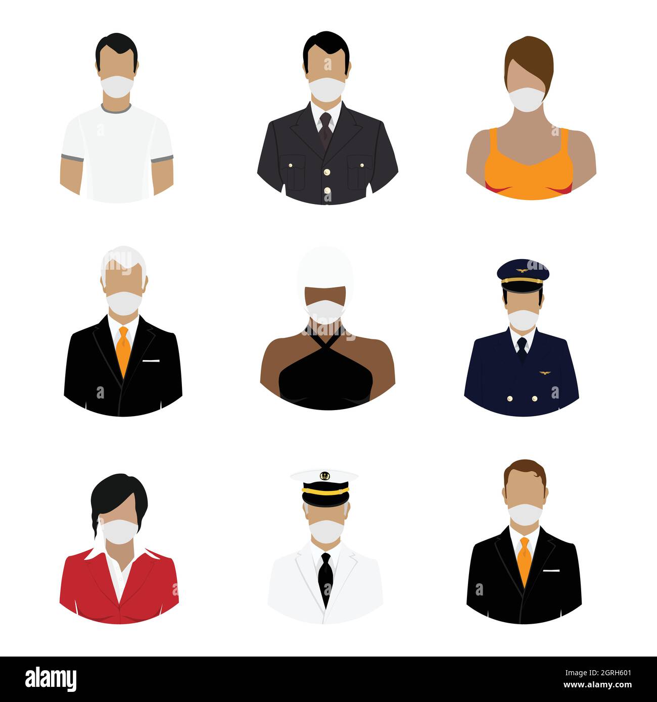 Personnes dans des masques médicaux de protection. Les hommes et les femmes sont protégés contre les virus, la pollution atmosphérique urbaine, le smog, les vapeurs et les émissions de gaz polluants. Vecteur Illustration de Vecteur