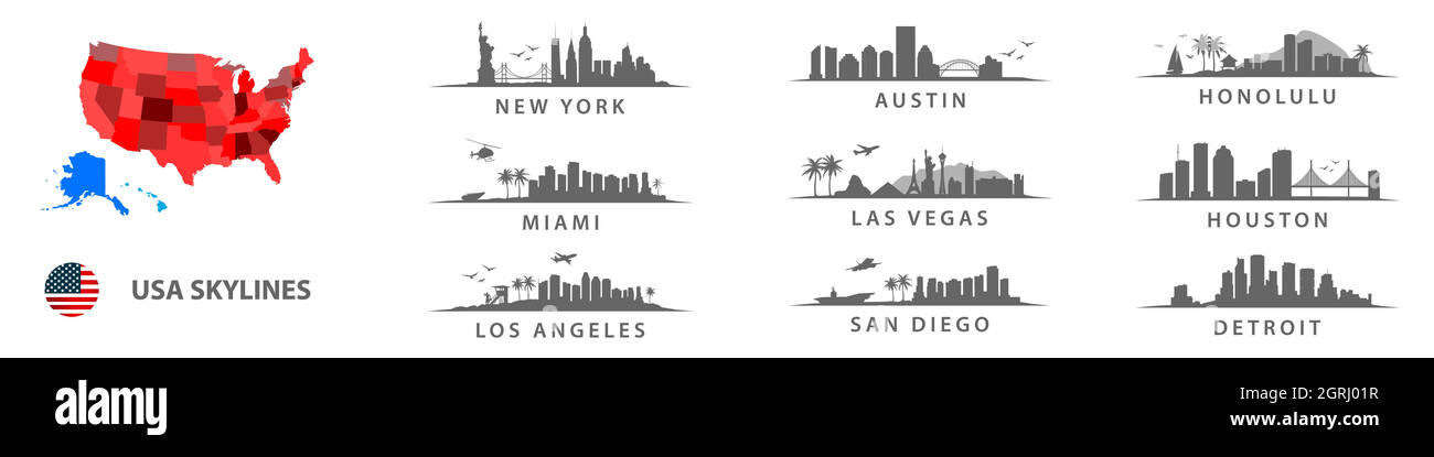 Collection de lignes aériennes américaines, grandes villes aux Etats-Unis, New York, Los Angeles, Detroit, San Diego,Honolulu, Houston, Austin Illustration de Vecteur