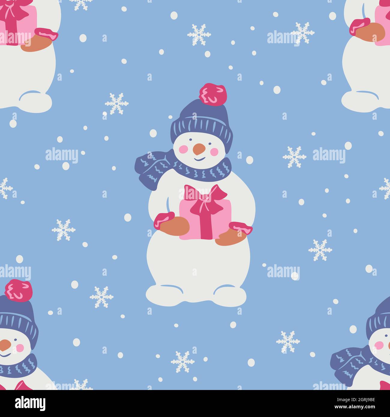 Motif vectoriel sans coutures avec bonhomme de neige et flocons de neige. Bonhomme de neige tient le cadeau. Illustration de Vecteur