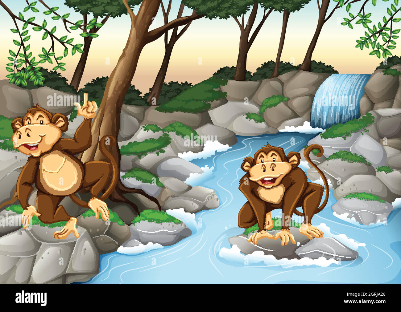 Deux singes vivant près de la cascade Illustration de Vecteur