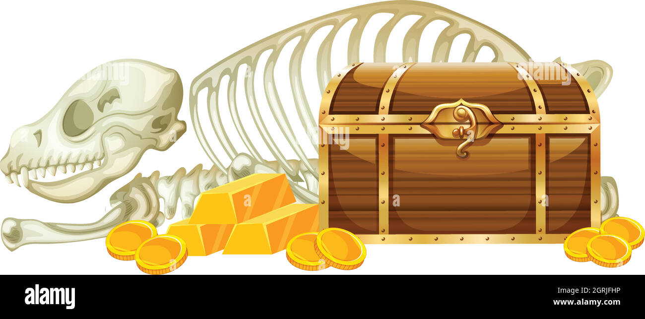 Trésor de poitrine et squelette sur fond blanc Illustration de Vecteur