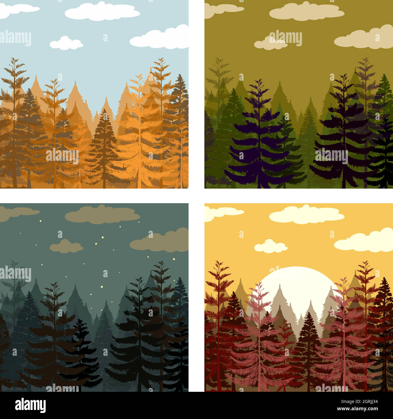 Forêt de pins en quatre couleurs Illustration de Vecteur