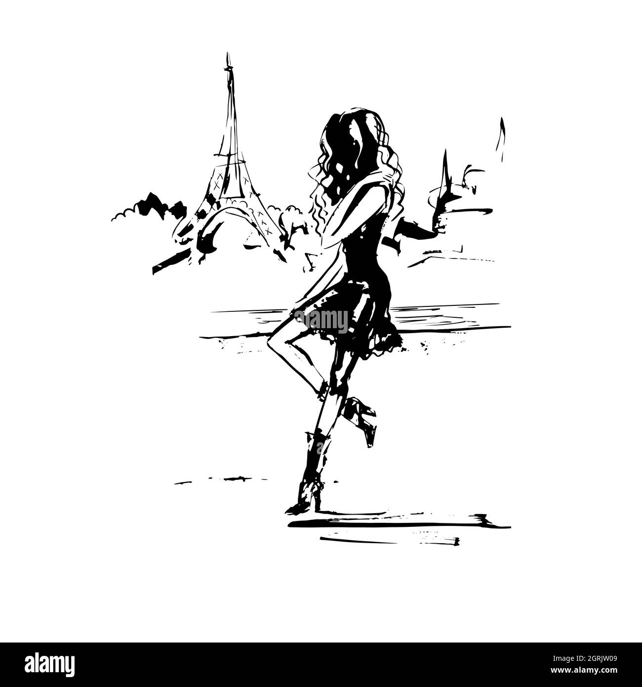 Femme dessin à la main et Tour Eiffel.France concept.Paris.Illustration vectorielle noir et blanc isolée sur fond blanc. Illustration de Vecteur