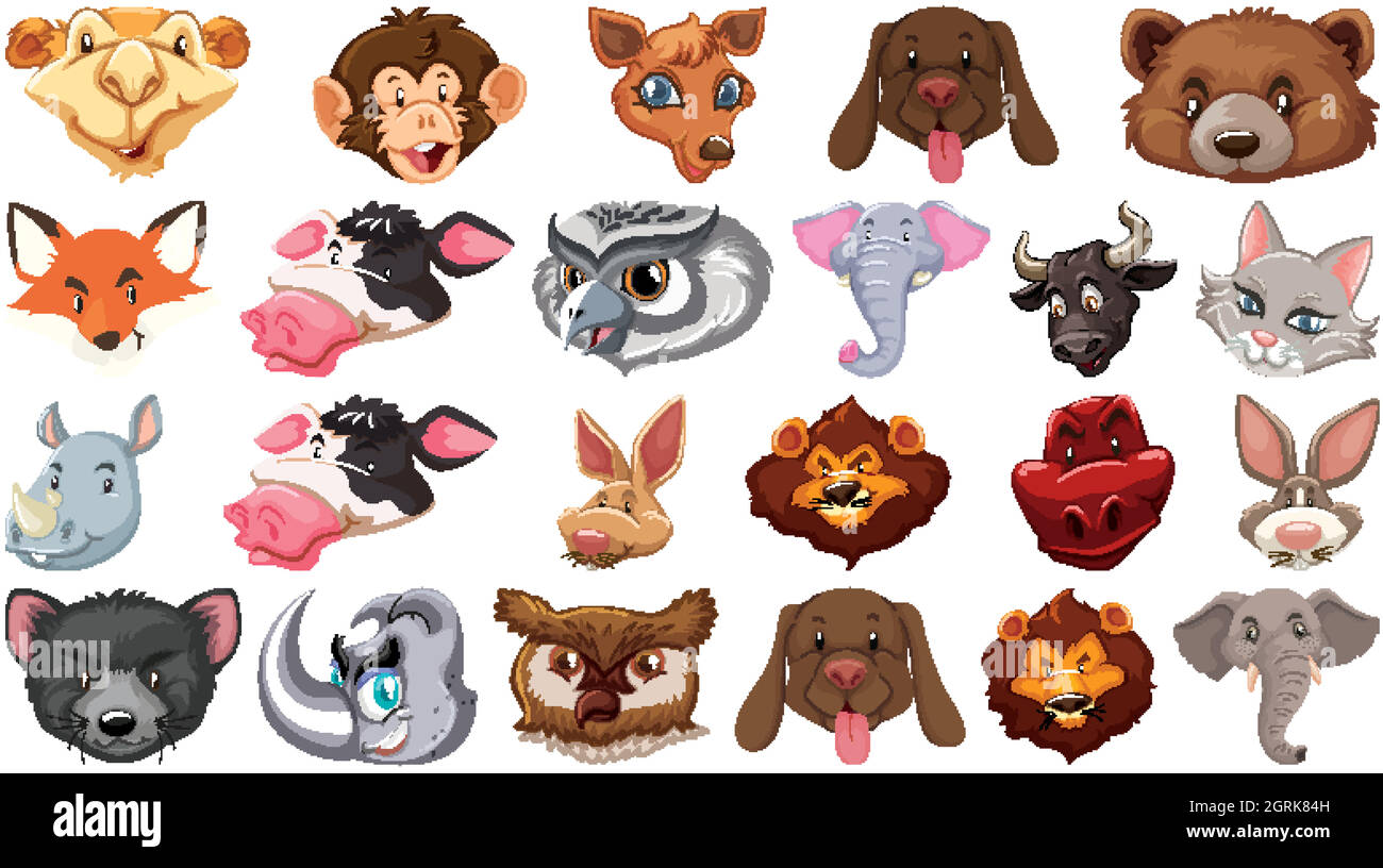 Ensemble de différents animaux de dessin animé mignon tête énorme isolé sur fond blanc Illustration de Vecteur