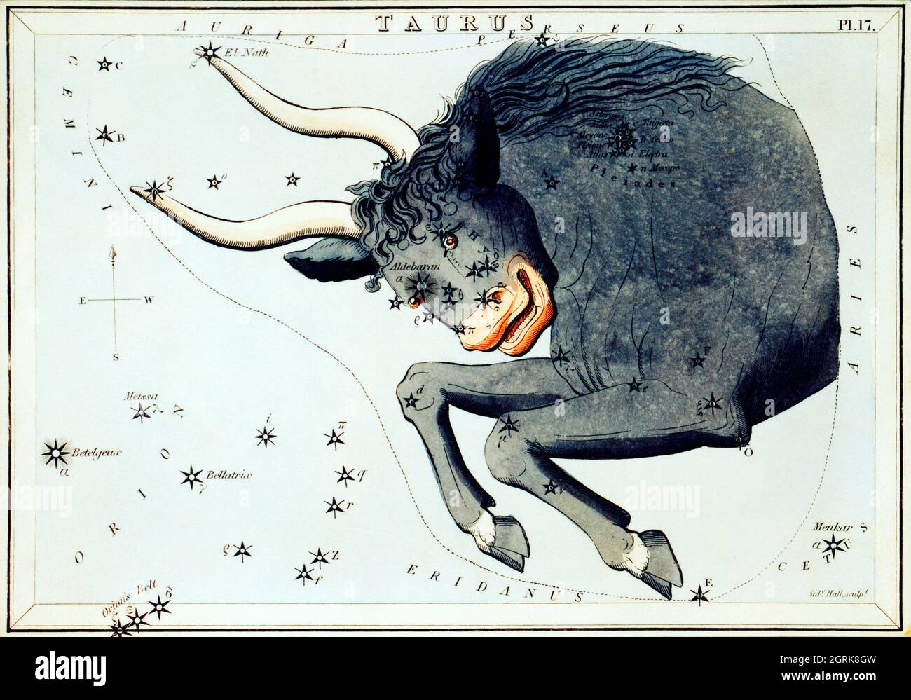 Sidney Hall (1788-1831) – Illustration de la carte astronomique du Taureau. Banque D'Images