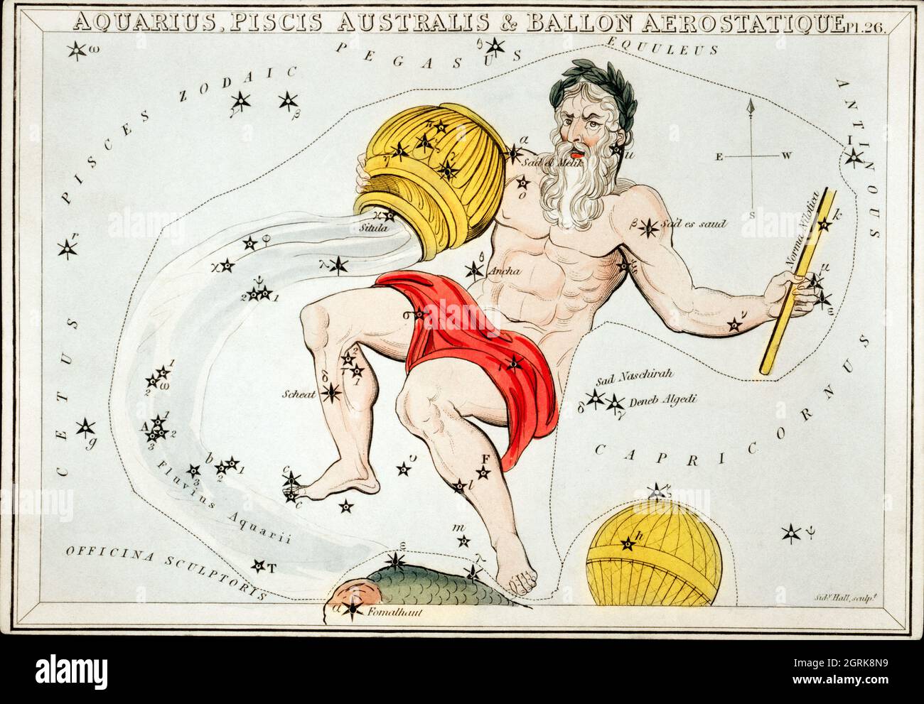 Sidney Hall (1788-1831) – diagramme astronomique des zodiacs Aquaris, Piscis Australis et ballon Aerostatique. Banque D'Images