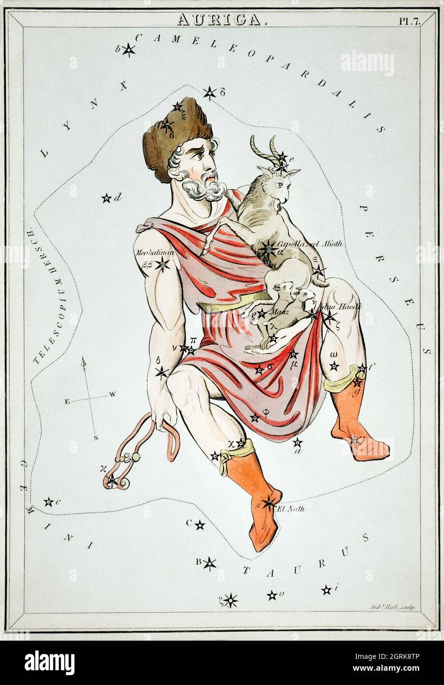 Sidney Hall (1788-1831) – diagramme astronomique de l'Auriga. Banque D'Images