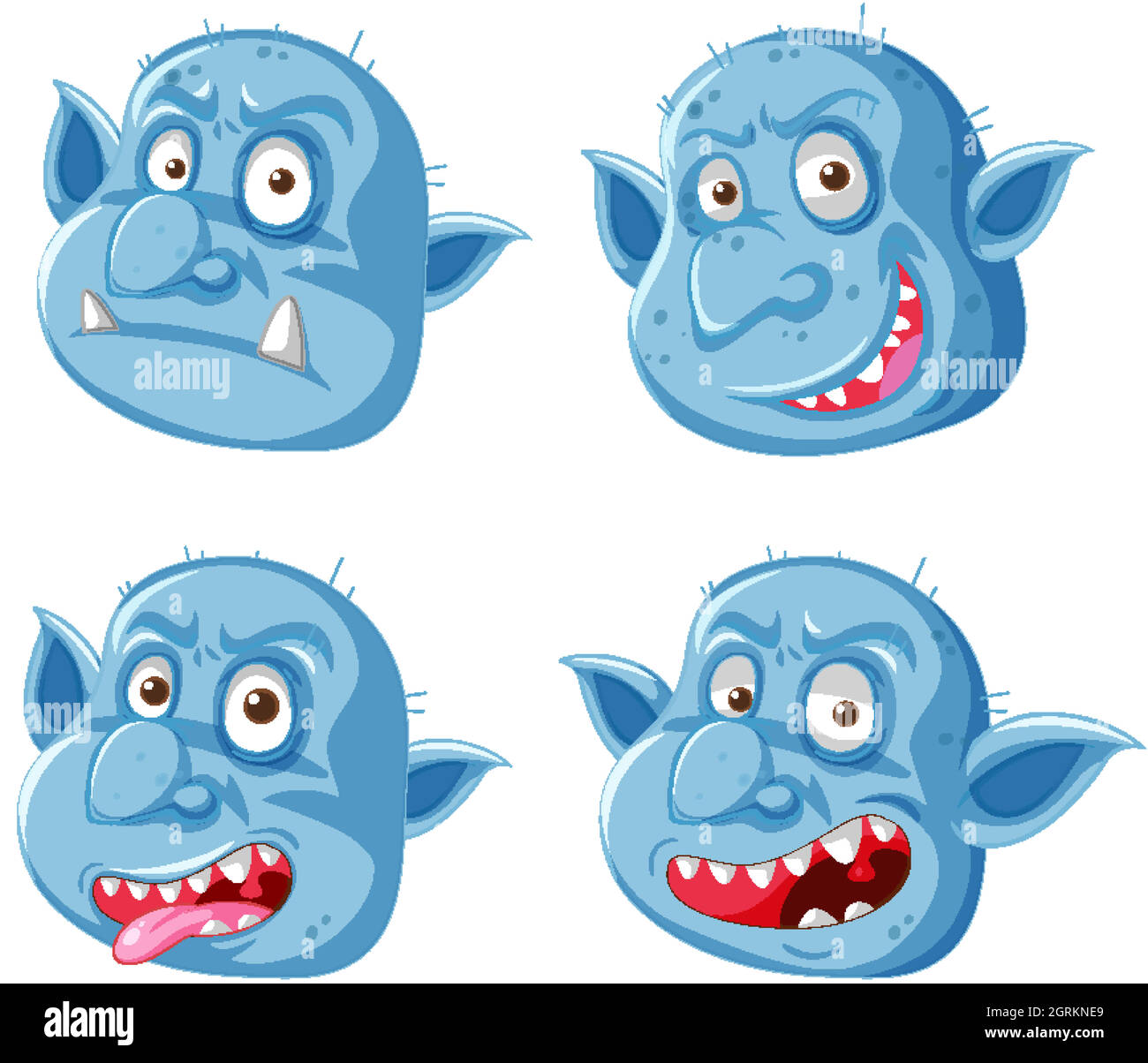 Ensemble de goblin bleu ou de troll face dans différentes expressions dans le style de dessin animé isolé Illustration de Vecteur