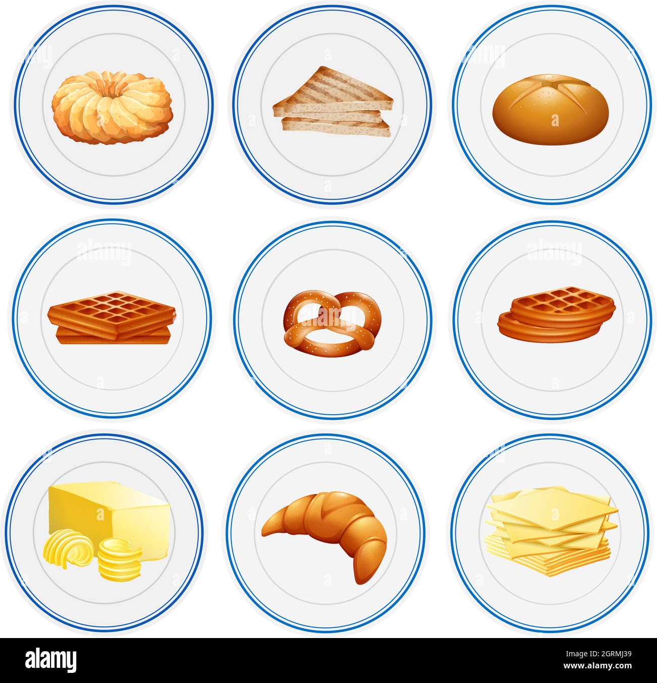 Différents types de pâtisseries sur les assiettes Illustration de Vecteur