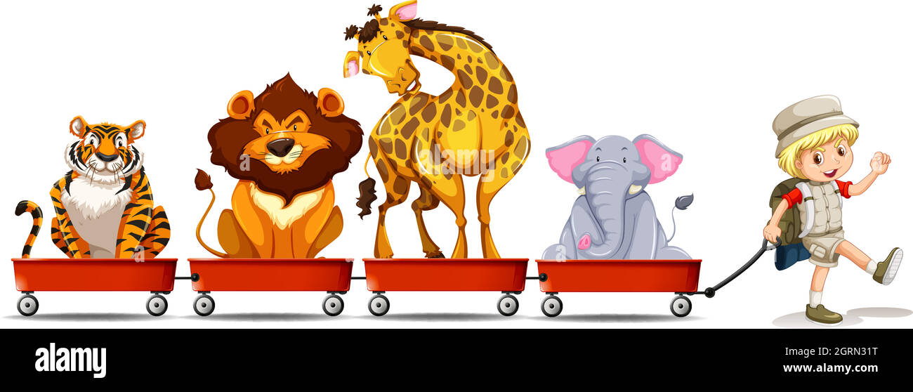 Animaux sauvages en chariot rouge Illustration de Vecteur