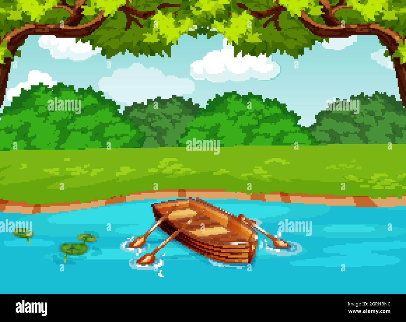 Un bateau dans la rivière dans la scène de la forêt Illustration de Vecteur