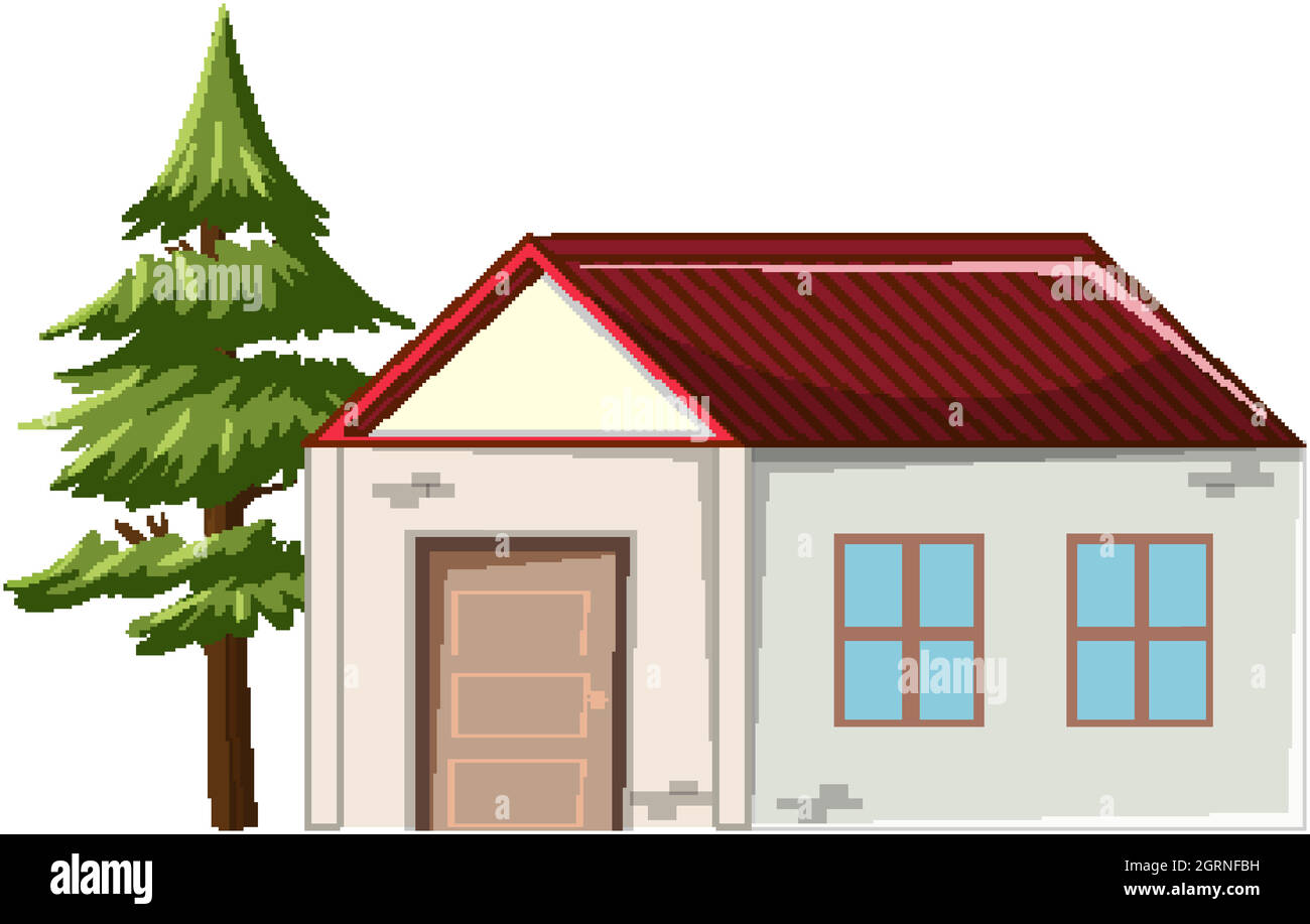 Une petite maison avec un arbre isolé sur fond blanc Illustration de Vecteur