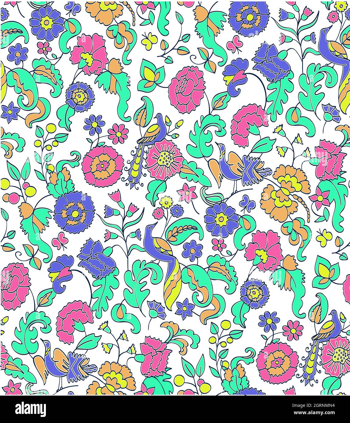 Motif fleuri sans couture sur le fond. Illustration de vecteur ethnique. Fleurs et oiseaux fantaisie. Style oriental Banque D'Images
