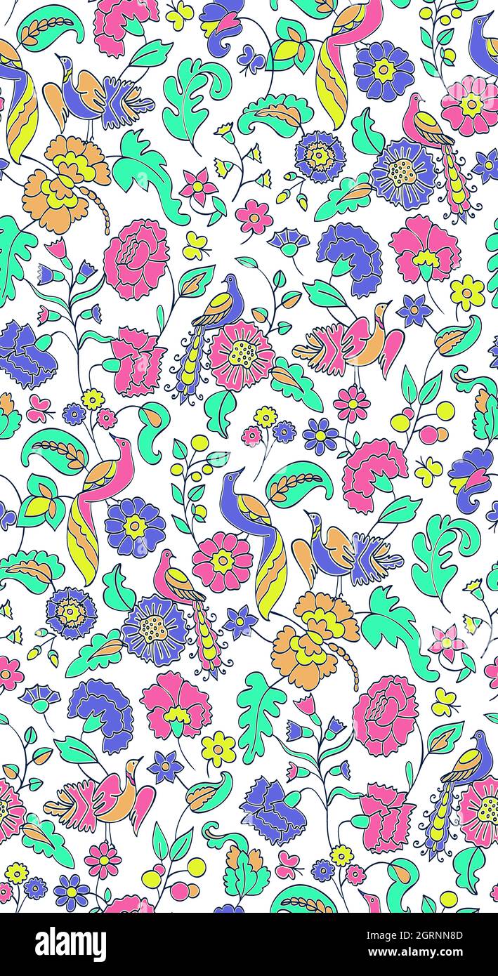 Motif fleuri sans couture sur le fond. Illustration de vecteur ethnique. Fleurs et oiseaux fantaisie. Style oriental Banque D'Images