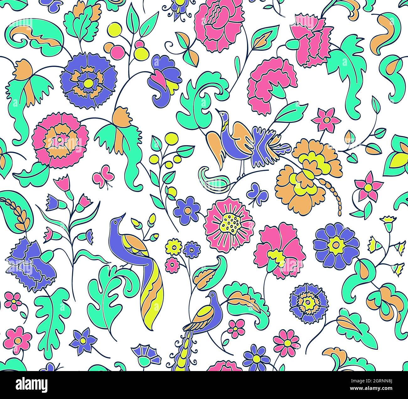 Motif fleuri sans couture sur le fond. Illustration de vecteur ethnique. Fleurs et oiseaux fantaisie. Style oriental Banque D'Images